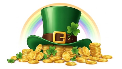 Green leprechaun hat with coins and rainbow