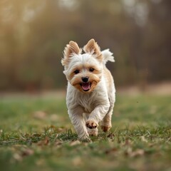 Happy yorkshire terrier dog running on green grass outdoors