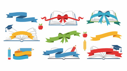 Collection of educational ribbons and banners with books, graduation caps, and pencils, ideal for school and academic themes