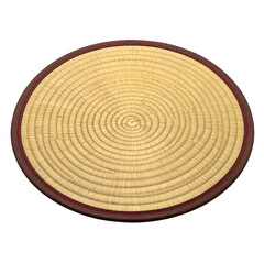 Round woven mat with concentric circles, bordered by brown material