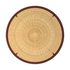 Overhead view of a circular, woven hat with dark brown trim and red accents, set against black