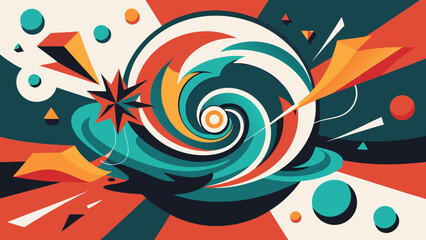 Dynamic abstract illustration with swirling vortex, geometric fragments and explosive visual energy in retro color palette