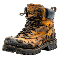 A dirty, worn, leather work boot, covered in mud, with laces, ready for work