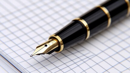 Elegant black and gold fountain pen on gridded notebook