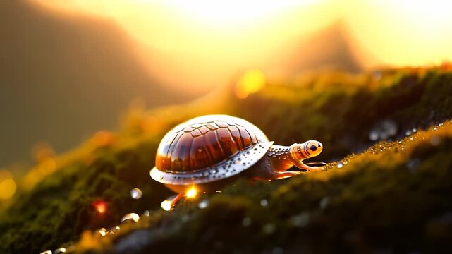 A turtle slowly moves across a mossy surface as the sun sets in the background. This turtle enjoys the warm light, highlighting the details of its shell and the greenery around it.