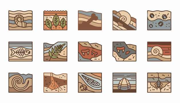 A comprehensive collection of detailed geological cross-section icons, showcasing various earth layers, ancient fossils, and stratigraphic formations for educational and scientific designs