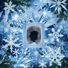 Winter frame design with snowflakes crystals and pine branches on blue background