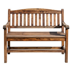 A weathered, classic wooden bench with armrests, perfect for outdoor relaxation