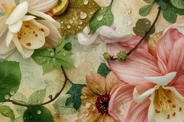 Beautiful delicate flowers with green leaves and water drops on a soft pastel background