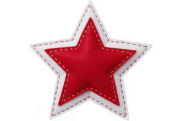 Red star with white border and stitching stitched red stitching isolated on a transparent background