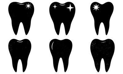 Five Black Tooth Silhouettes with Stars on White Background teeth dental