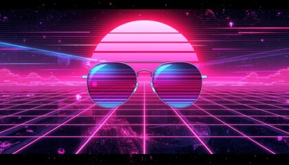 Vibrant synthwave design with neon pink sunglasses reflecting a futuristic grid landscape and striped sun backdrop