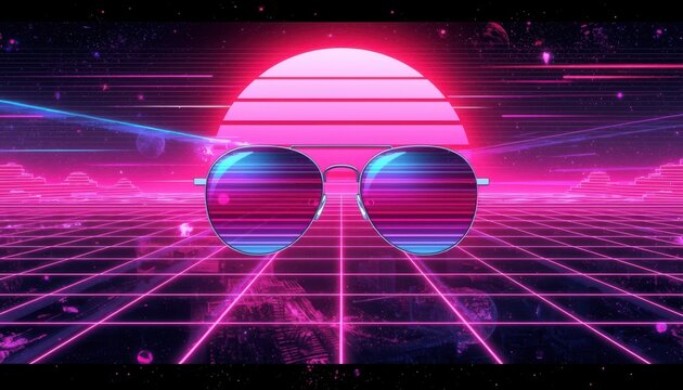 Vibrant synthwave design with neon pink sunglasses reflecting a futuristic grid landscape and striped sun backdrop - Powered by Adobe