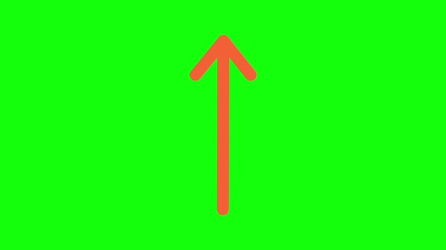 A bright orange arrow icon smoothly moving back and forth toward the upward direction in a seamless loop on a solid bright green chroma key background, simple flat design, centered horizontally.