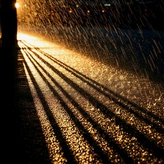 Golden street light reflection on wet asphalt with tire tracks and rain at dusk. Generative AI. 