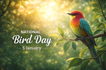 National Bird Day Poster with Colorful Bird in Sunlit Forest &ndash; 5 January