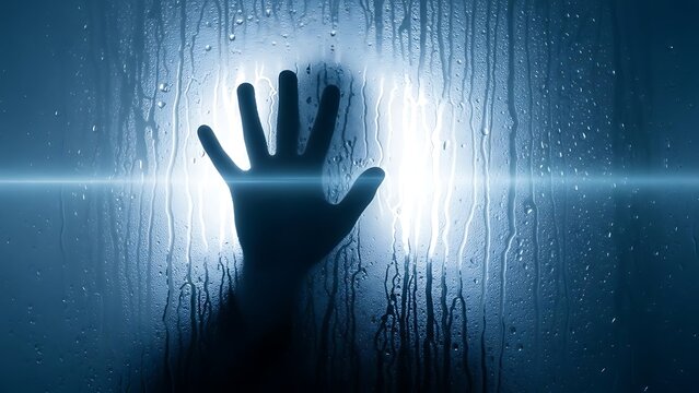 Hand pressed against foggy window with light shining through