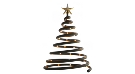 Spiral Christmas Tree with Golden Star and Lights isolated on a transparent background