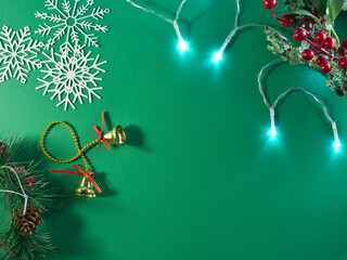 Festive Holiday Green Bokeh Background - Blurred green background with festive lights, snowflakes, and ornaments, creating a magical atmosphere for Christmas and winter designs.