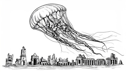 Surreal Sketch - Giant Jellyfish Floating Above Ancient Roman Ruins.