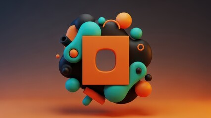 Naklejka premium Vibrant 3D rendering of colorful balls and shapes with a large orange square
