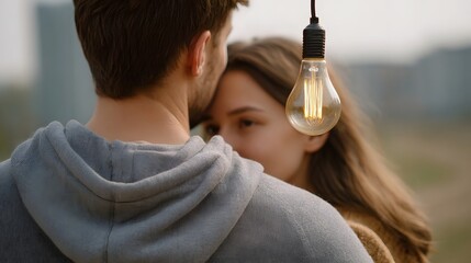 Couple embracing intimately under a warm glowing vintage light bulb in a soft atmospheric outdoor setting