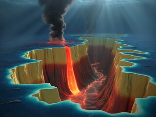 Mid-Ocean Ridge Volcanic Rift with Flowing Magma Beneath the Sea