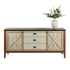 Rustic, wood sideboard with three drawers and barn-door style cabinet fronts, with flowers
