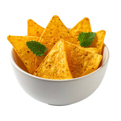 A white bowl overflowing with golden tortilla chips, garnished with fresh green herbs