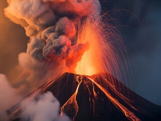 Powerful Volcanic Eruption with Lava Flow and Explosive Ash Cloud at Night