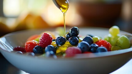 Fresh fruit salad with honey or oil drizzle close up photography