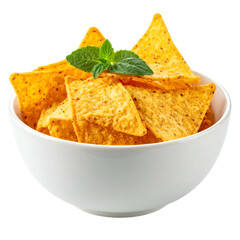 A white bowl overflowing with golden, seasoned tortilla chips, garnished with fresh mint