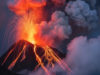 Powerful Volcanic Eruption with Lava Flow and Explosive Ash Cloud at Night