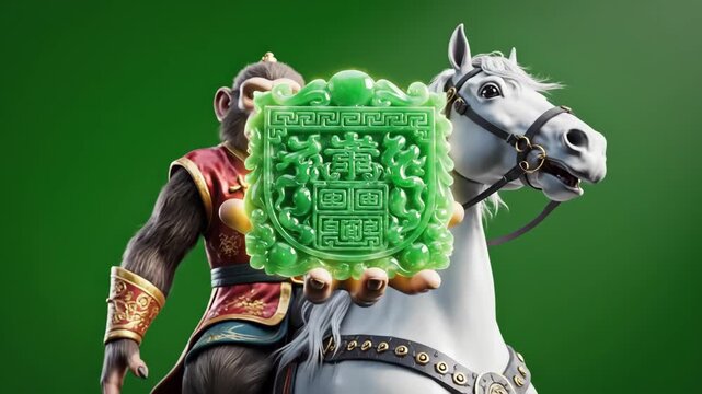 Mythological monkey king holds a vibrant green jade shield while riding a horse in a detailed 3d render on a green screen.