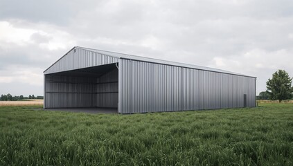 Obraz premium Agricultural Storage Facility: Large Metal Shed Standing on Green Grass Field