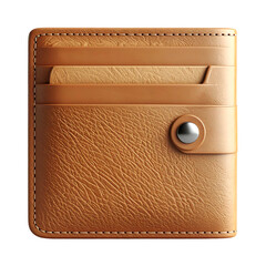 Close-up of a textured, tan leather wallet with card slots and a metal button closure