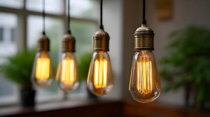 A row of vintage Edison filament light bulbs hang emitting a warm golden glow in a cozy softly lit interior