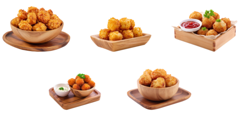 Fried chicken balls isolated on wooden bowl.