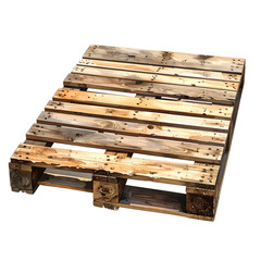 A weathered wooden pallet with slats, a sturdy base, and visible nail heads