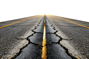 Cracked asphalt road with yellow lines isolated on a transparent background cracked road