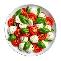 A close-up view of Caprese salad in a white bowl, against a black background