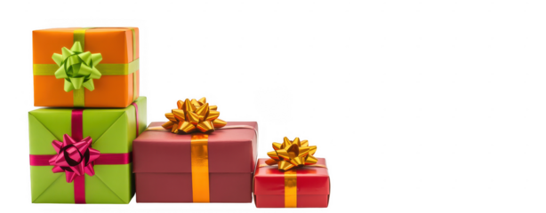 Stacked colorful presents with bows isolated on a transparent background
