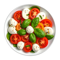 A fresh caprese salad with mozzarella, tomatoes, and basil on a white plate