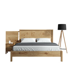 A modern bedroom setup, featuring a wooden bed, nightstand, lamp, and stylish decor