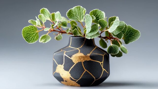 Zen black and gold kintsugi vase with green leaves
