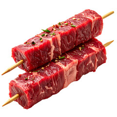 Two skewers of raw beef cubes with visible fat, seasoned with herbs and spices