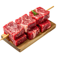 Raw cubed beef skewers arranged on a wooden board, garnished with a sprig of rosemary