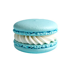 Close-up of a single, light blue macaron with white cream filling against a black backdrop