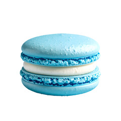 A delicate light blue macaron with creamy filling, against a black background