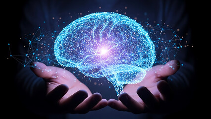 Glowing blue brain with hands cupped underneath, representing artificial intelligence and human connection, with a dark background and sparkling particles